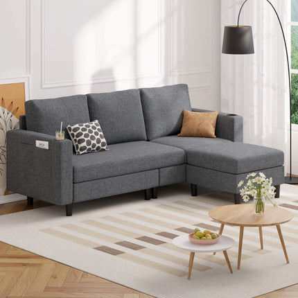 78" L-Shaped Linen Upholstered Sectional Sofa 3-Seat Convertible Couch