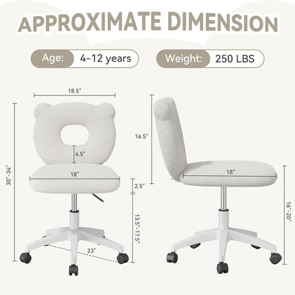 Adjustable Kids Desk Chair – Teddy Fabric, on Wheels, with Back