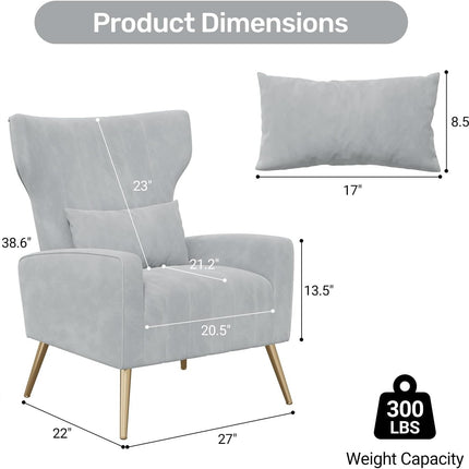 Velvet Wingback Accent Chair – Gold Legs, Lumbar Pillow, High Back
