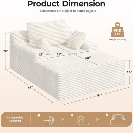 51” Corduroy Chaise Lounge – Deep Seat, Sofa Bed, 2 Pillows