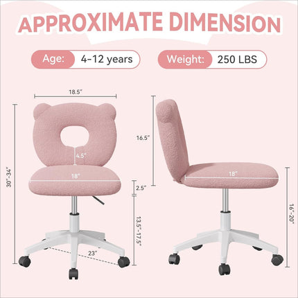 Adjustable Kids Desk Chair – Teddy Fabric, on Wheels, with Back