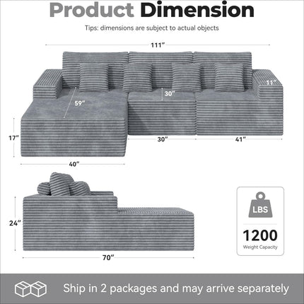 111” Modular L-Shaped Cloud Sofa – No Assembly Deep Seat