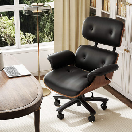 Genuine Leather Swivel Office Chair with Solid Wood