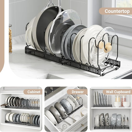 Expandable Pan Organizer Rack 7 Adjustable Dividers Lid & Board Holder
