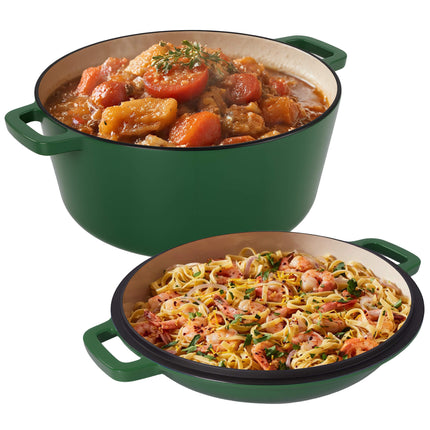 Enamelled Cast Iron Dutch Oven Casserole Pot 2 in 1 Cooking Set