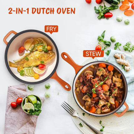 Enameled Cast Iron Skillets and Dutch Oven 2-in-1 Cooking Set