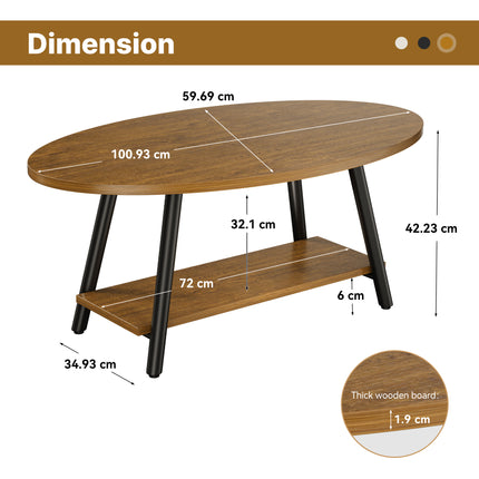 Oval 2-Tier Coffee Table – Solid Wood, Metal Frame