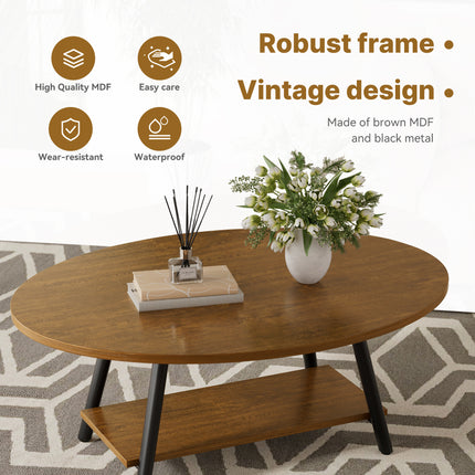Oval 2-Tier Coffee Table – Solid Wood, Metal Frame