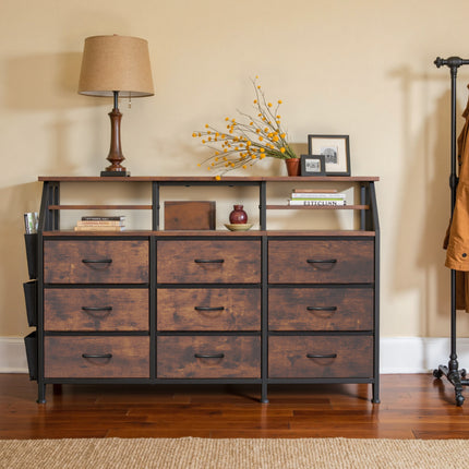 9-Drawer Fabric Storage Tower – Wood Top Metal Frame Side Pockets