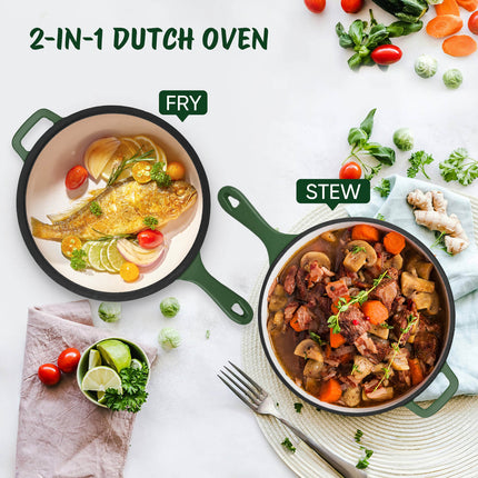 Enameled Cast Iron Skillets and Dutch Oven 2-in-1 Cooking Set