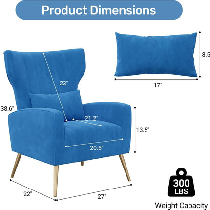 Velvet Wingback Accent Chair – Gold Legs, Lumbar Pillow, High Back