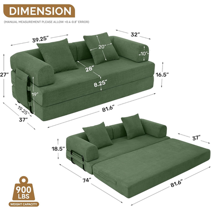 Convertible Corduroy Sofa Bed – Fixed Frame with Pillows