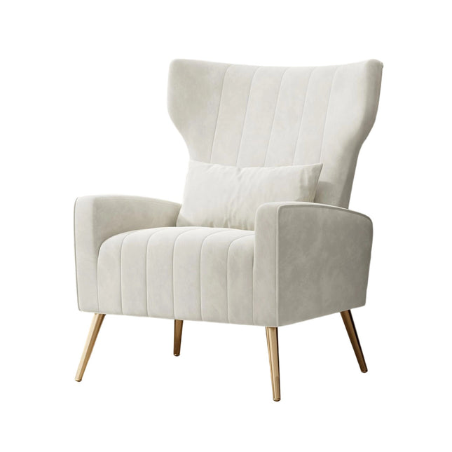 Velvet Wingback Accent Chair – Gold Legs, Lumbar Pillow, High Back