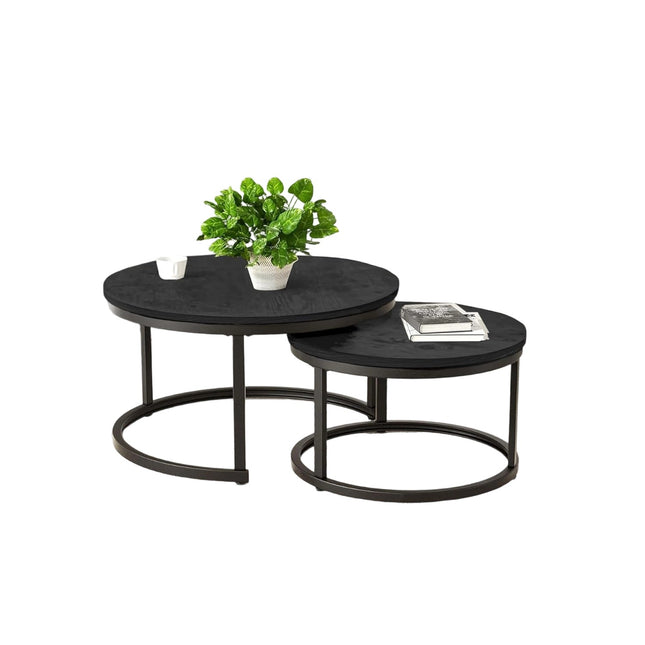 2-Pieces Round Side Table Set – Wooden Top, Metal Frame
