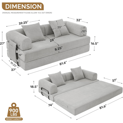 Convertible Corduroy Sofa Bed – Fixed Frame with Pillows