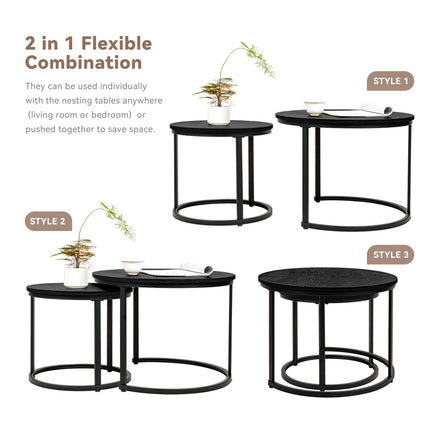 2-Pieces Round Side Table Set – Wooden Top, Metal Frame