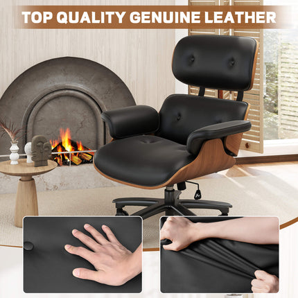 Genuine Leather Swivel Office Chair with Solid Wood