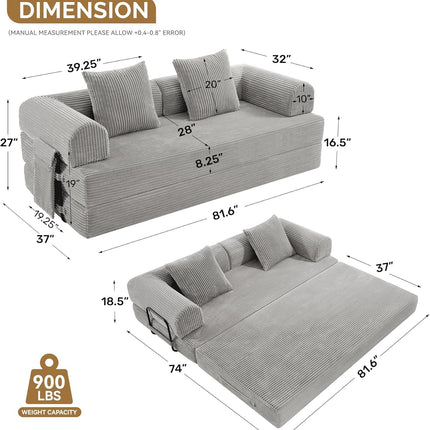 Convertible Corduroy Sofa Bed – Fixed Frame with Pillows