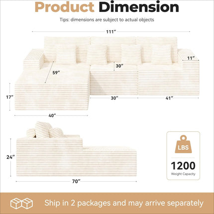 111” Modular L-Shaped Cloud Sofa – No Assembly Deep Seat