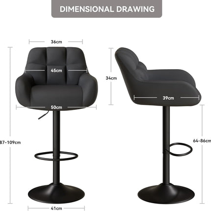 Adjustable PU Leather Bar Stools – 360° Swivel, with Armrest Set of 2