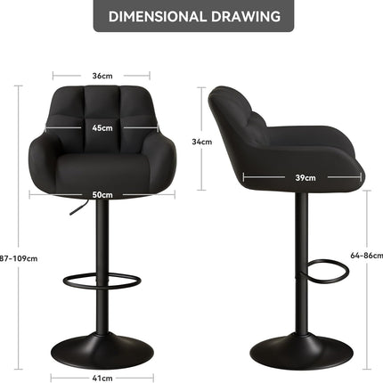 Adjustable PU Leather Bar Stools – 360° Swivel, with Armrest Set of 2