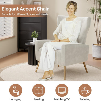 Velvet Wingback Accent Chair – Gold Legs, Lumbar Pillow, High Back