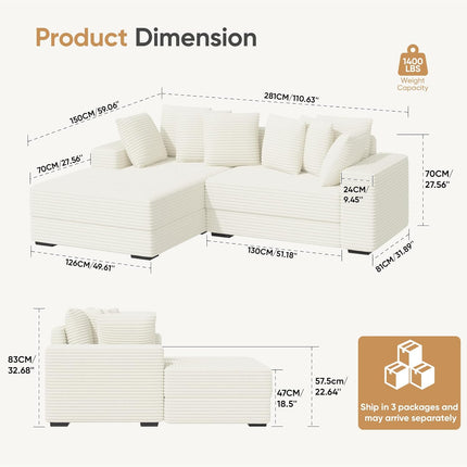 111” L-Shaped Cloud Sofa – Reversible Corduroy 8 Pillows