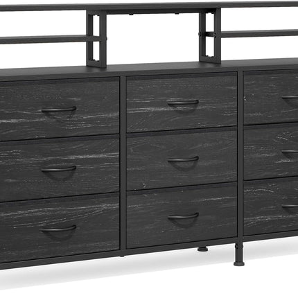 9-Drawer Fabric Storage Tower – Wood Top Metal Frame Side Pockets