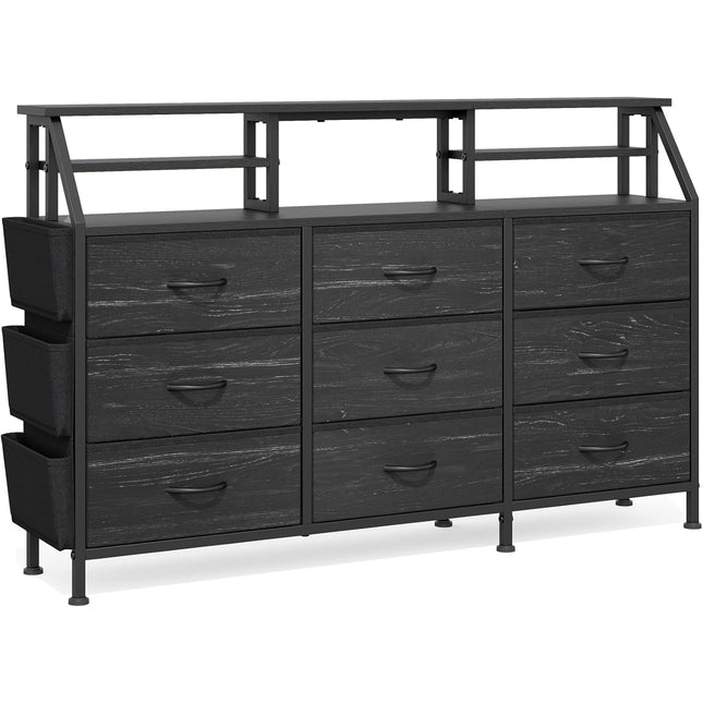 9-Drawer Fabric Storage Tower – Wood Top Metal Frame Side Pockets