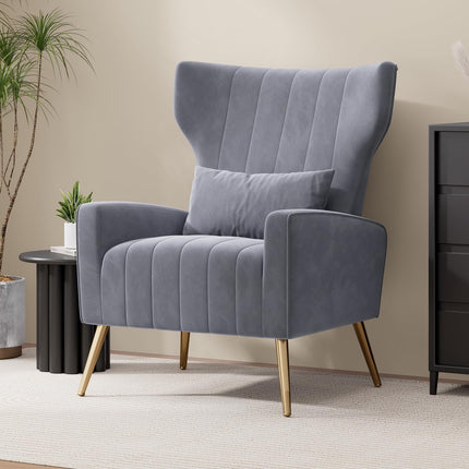 Velvet Wingback Accent Chair – Gold Legs, Lumbar Pillow, High Back
