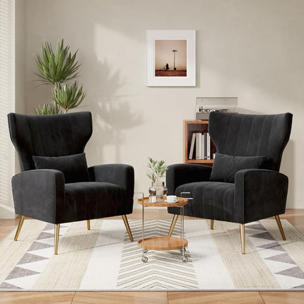 Velvet Wingback Accent Chair – Gold Legs, Lumbar Pillow, High Back