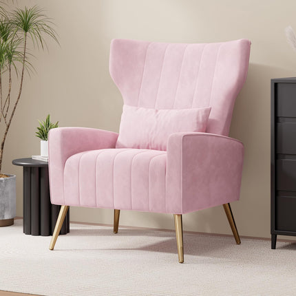 Velvet Wingback Accent Chair – Gold Legs, Lumbar Pillow, High Back