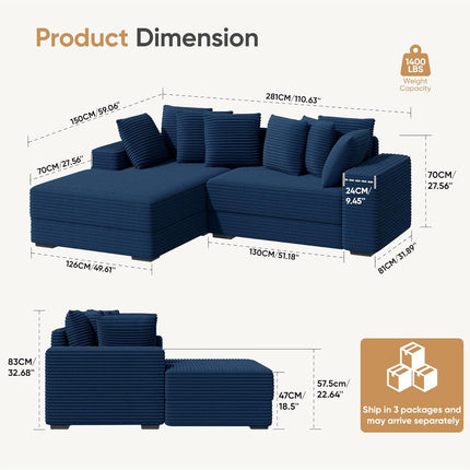 111” L-Shaped Cloud Sofa – Reversible Corduroy 8 Pillows
