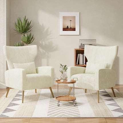 Velvet Wingback Accent Chair – Gold Legs, Lumbar Pillow, High Back