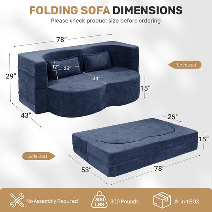 78” Velvet Sofa Bed 2-in-1 Memory Foam No Assembly