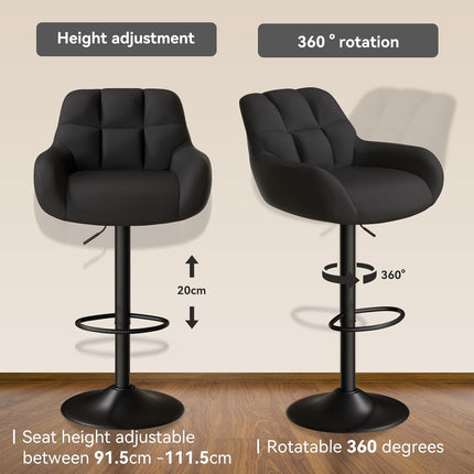 Adjustable PU Leather Bar Stools – 360° Swivel, with Armrest Set of 2