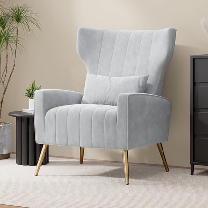 Velvet Wingback Accent Chair – Gold Legs, Lumbar Pillow, High Back