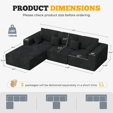 113" Modular Sectional Sofa Convertible L-Shaped Cloud Couches