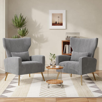 Velvet Wingback Accent Chair – Gold Legs, Lumbar Pillow, High Back