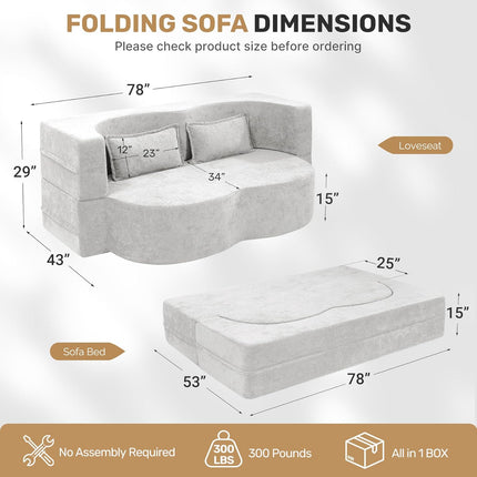 78” Velvet Sofa Bed 2-in-1 Memory Foam No Assembly