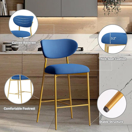 Velvet Bar Stools – 26” Height Gold Metal Legs Set of 2