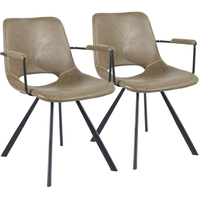 Mid-Century Leather Dining Chairs Metal Legs, Padded Seat Set of 2
