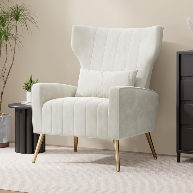 Velvet Wingback Accent Chair – Gold Legs, Lumbar Pillow, High Back