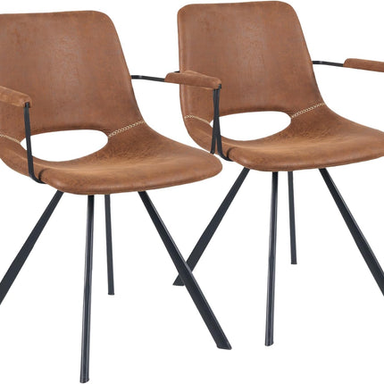 Mid-Century Leather Dining Chairs Metal Legs, Padded Seat Set of 2