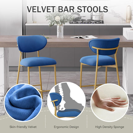 Velvet Bar Stools – 26” Height Gold Metal Legs Set of 2