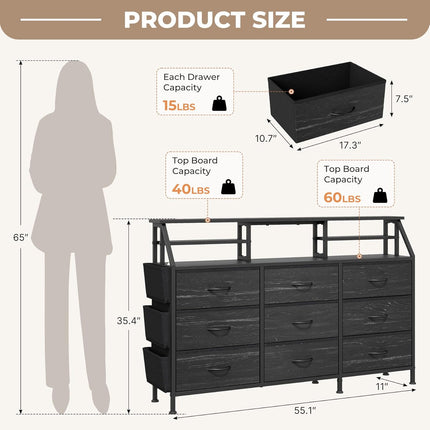 9-Drawer Fabric Storage Tower – Wood Top Metal Frame Side Pockets