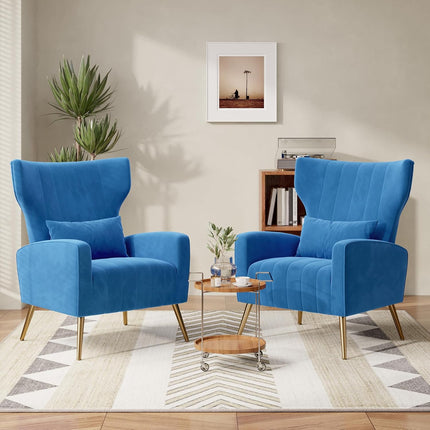 Velvet Wingback Accent Chair – Gold Legs, Lumbar Pillow, High Back