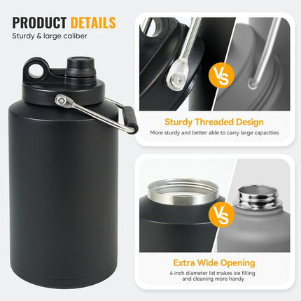 128oz Stainless Steel Insulated Gallon Water Bottle Leak-Proof Sweat-Free