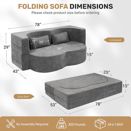 78” Velvet Sofa Bed 2-in-1 Memory Foam No Assembly