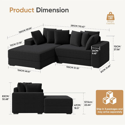 111” L-Shaped Cloud Sofa – Reversible Corduroy 8 Pillows